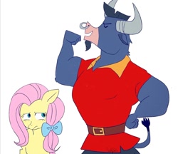 Size: 1324x1145 | Tagged: safe, artist:saltysel, fluttershy, iron will, earth pony, minotaur, pony, g4, alternate universe, beauty and the beast, bow, crossover, duo, eyes closed, female, flexing, gaston legume, hair bow, horns, male, mare, nose piercing, nose ring, piercing, race swap, septum piercing, simple background, white background