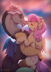 Size: 2898x4096 | Tagged: safe, artist:dentergryph, discord, fluttershy, draconequus, pegasus, pony, g4, boop, chest fluff, cute, ear fluff, explicit source, eyes closed, female, heart, leg fluff, male, noseboop, profile, ship:discoshy, shipping, straight