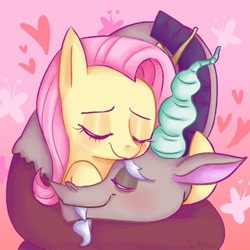 Size: 1047x1047 | Tagged: safe, artist:saltysel, discord, fluttershy, draconequus, pegasus, pony, g4, bust, coils, cute, eyelashes, eyes closed, female, heart, hug, male, mare, ship:discoshy, shipping, smiling, straight