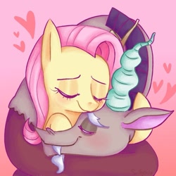 Size: 1047x1047 | Tagged: safe, alternate version, artist:saltysel, discord, fluttershy, draconequus, pegasus, pony, g4, bust, coils, cute, eyelashes, eyes closed, female, heart, hug, male, mare, ship:discoshy, shipping, smiling, straight