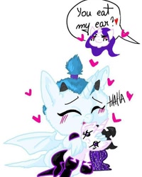 Size: 640x800 | Tagged: safe, artist:_goddesskatie_, oc, oc only, alicorn, bat pony, bat pony alicorn, pony, bat wings, blushing, eyes closed, female, filly, horn, offscreen character, open mouth, plushie, simple background, white background, wings