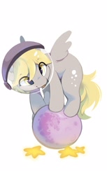 Size: 1324x2160 | Tagged: safe, artist:apple_nettle, derpy hooves, pegasus, pony, :p, balancing, cute, cutie mark, derpabetes, derpfest, female, helmet, mare in the moon, moon, simple background, solo, space helmet, spread wings, stars, tangible heavenly object, tongue out, white background, wings