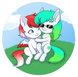 Size: 1902x1877 | Tagged: safe, artist:alune, oc, oc only, oc:gumdrop, oc:making amends, pegasus, pony, colored wings, commission, duo, sunglasses, two toned wings, wings, ych result