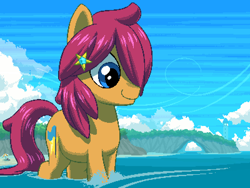 Size: 800x600 | Tagged: safe, artist:rangelost, oc, oc only, oc:trailblazer, earth pony, pony, cyoa:d20 pony, cloud, female, mare, ocean, outdoors, pixel art, sky, solo, standing