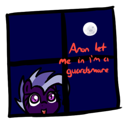 Size: 485x466 | Tagged: safe, artist:neuro, oc, oc only, oc:purity ebonshield, bat pony, pony, fanfic:everyday life with guardsmares, bat pony oc, dude let me in, everyday life with guardsmares, female, guardsmare, mare, moon, royal guard, simple background, speech bubble, text, this will end with sex, transparent background, window
