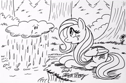 Size: 3628x2387 | Tagged: safe, artist:debmervin, fluttershy, pegasus, pony, g4, black and white, cloud, grayscale, high res, ink drawing, monochrome, river, sad, traditional art, tree