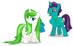 Size: 3861x2428 | Tagged: safe, artist:minty root, artist:stormdraws, oc, oc only, oc:corpulent brony, oc:minty root, pony, unicorn, aroused, bedroom eyes, bow, bowtie, corpumint, duo, excited, female, hair bow, high res, male, oc x oc, shipping, show accurate, simple background, straight, transparent background, vector, wet, wet hair bow, wet mane
