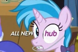Size: 393x264 | Tagged: safe, edit, screencap, air way, pearly whites, pony, unicorn, g4, leap of faith, hub logo, logo in eye, looking at you, solo, teenager
