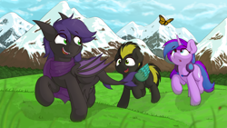 Size: 3840x2160 | Tagged: safe, artist:ljdamz1119, oc, oc only, oc:cyan nova fae, oc:electrix_night, oc:raven stargazer, butterfly, original species, pegasus, pony, unicorn, high res, mountain, mountain range