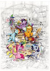Size: 423x600 | Tagged: safe, artist:andy price, idw, applejack, fluttershy, pinkie pie, rainbow dash, rarity, spike, twilight sparkle, earth pony, pegasus, pony, unicorn, g4, album cover, art is magic, coloring, cover, cute, drawing, frown, glare, grumpy, highlander, hoof hold, joe kubert, licking, licking lips, looking at you, lying down, magic, mane seven, mane six, mouth hold, movie poster, movie reference, music reference, onomatopoeia, open mouth, prone, raised eyebrow, sitting, skull, sleeping, smiling, sound effects, star trek, telekinesis, the rolling stones, tongue out, typewriter, unamused, zzz