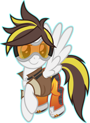 Size: 1024x1390 | Tagged: safe, artist:pegasski, oc, oc only, oc:ruffian, pegasus, pony, g4, clothes, cosplay, costume, female, mare, overwatch, simple background, solo, tracer, transparent background