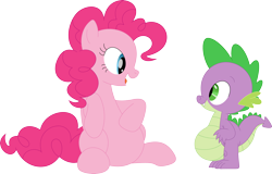 Size: 3542x2262 | Tagged: safe, artist:porygon2z, pinkie pie, spike, dragon, earth pony, pony, g4, belly, big belly, duo, fat, fat spike, female, high res, hoof on belly, male, open mouth, pudgy pie, simple background, sitting, transparent background, vector