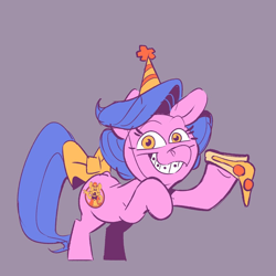 Size: 1024x1024 | Tagged: safe, anonymous artist, chuck e cheese pony, pony, g1, bow, braces, chuck e. cheese, female, filly, food, hat, party hat, pizza, solo, tail bow, toy interpretation