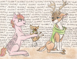 Size: 1503x1152 | Tagged: safe, artist:cindertale, oc, oc only, oc:cinder, oc:tyandaga, deer, pegasus, pony, reindeer, antlers, chest fluff, clothes, deer oc, holding a pony, male, onomatopoeia, open mouth, pegasus oc, scarf, smiling, squeak, stallion, traditional art, unamused, wings