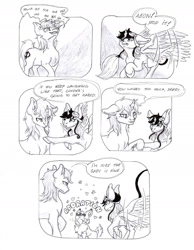 Size: 1654x2136 | Tagged: safe, artist:cindertale, oc, oc only, oc:aeon of dreams, oc:cinder, oc:lightning bliss, alicorn, deer, pony, unicorn, alicorn oc, chest fluff, comic, deer oc, dialogue, female, horn, lineart, looking up, male, mare, monochrome, stallion, starry eyes, traditional art, wingding eyes, wings