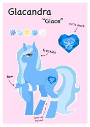 Size: 2480x3508 | Tagged: safe, artist:themstap, oc, oc:glacandra, pony, unicorn, armband, bow, female, freckles, high res, mare, reference sheet, smiling
