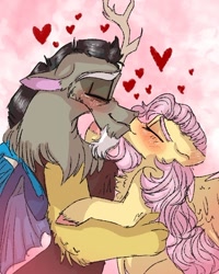 Size: 540x675 | Tagged: safe, artist:cocolove2176, discord, fluttershy, draconequus, pegasus, pony, g4, abstract background, blushing, bust, chest fluff, colored hooves, eyes closed, female, heart, kissing, male, mare, ship:discoshy, shipping, straight