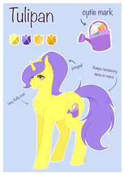 Size: 2480x3508 | Tagged: safe, artist:themstap, oc, oc:tulipan, pony, unicorn, chest fluff, female, high res, mare, ponytail, reference sheet