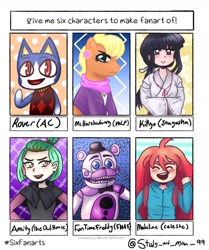 Size: 1080x1290 | Tagged: safe, artist:study_art_man_99, ms. harshwhinny, bear, cat, earth pony, human, humanoid, pony, robot, anthro, g4, abomination track, amity blight, animal crossing, animatronic, anthro with ponies, blushing, bust, celeste, clothes, crossover, dyed hair, ear piercing, eyes closed, five nights at freddy's, frown, inuyasha, kikyo, madeline, open mouth, piercing, school uniform, six fanarts, smiling, the owl house, witch