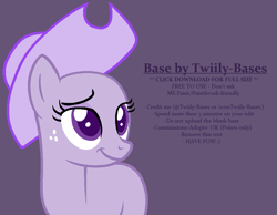 Size: 929x720 | Tagged: safe, artist:katsubases, oc, oc only, earth pony, pony, bald, base, bust, earth pony oc, eyelashes, female, freckles, hat, looking back, mare, purple background, simple background, smiling, solo