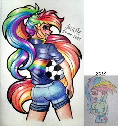 Size: 1827x1957 | Tagged: safe, artist:jack-pie, rainbow dash, human, g4, football, humanized, redraw, simple background, solo, sports, traditional art