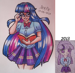 Size: 1377x1350 | Tagged: safe, artist:jack-pie, twilight sparkle, human, g4, clothes, glasses, humanized, redraw, simple background, skirt, solo, traditional art