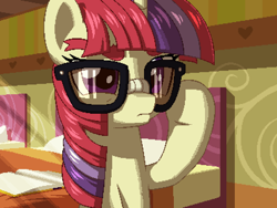 Size: 800x600 | Tagged: safe, artist:rangelost, moondancer, pony, unicorn, cyoa:d20 pony, g4, bed, book, bust, female, glasses, indoors, mare, pillow, pixel art, raised hoof, sitting, solo