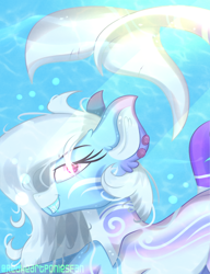 Size: 2000x2600 | Tagged: safe, artist:greenmaneheart, oc, oc only, original species, shark, shark pony, art trade, bubble, crepuscular rays, ear fluff, eyelashes, female, fish tail, flowing mane, glowing eyes, high res, looking at you, ocean, purple eyes, smiling, solo, sunlight, swimming, tail, teeth, underwater, water