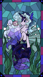 Size: 1280x2278 | Tagged: safe, artist:raindrophalo, oc, oc only, hybrid, mermaid, seapony (g4), blue eyes, blue mane, bubble, commission, female, fins, fish tail, flowing mane, jewelry, necklace, ocean, pearl, pearl necklace, seashell, seaweed, solo, stained glass, tail, underwater, water