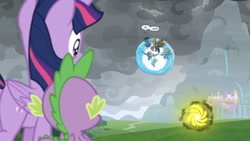 Size: 1990x1125 | Tagged: safe, edit, edited screencap, screencap, soarin', spike, spitfire, twilight sparkle, alicorn, dragon, pony, g4, the ending of the end, portal, twilight sparkle (alicorn), winged spike, wings, wonderbolts