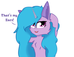 Size: 3500x2700 | Tagged: safe, alternate version, izzy moonbow, pony, unicorn, g5, alternate hairstyle, bipedal, captain obvious, cheek fluff, chest fluff, cute, ear fluff, ears, fangs, female, fluffy, happy, high res, horn, izzybetes, mare, no shit sherlock, open mouth, simple background, smiling, solo, text, white background