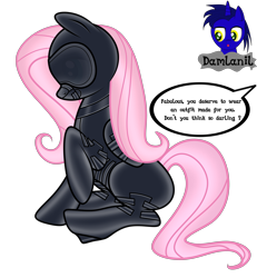Size: 3840x4154 | Tagged: safe, alternate version, artist:damlanil, fluttershy, pegasus, pony, g4, blindfold, blushing, bondage, bondage mask, bound wings, catsuit, clothes, collar, comic, commission, corset, cute, cutie mark accessory, female, gag, gimp suit, high heels, hood, implied rarity, latex, latex suit, makeup, mare, muzzle gag, offscreen character, raised hoof, rubber, shiny, shiny mane, shoes, show accurate, shyabetes, simple background, sitting, solo, speech bubble, story, story included, transparent background, vector, wings