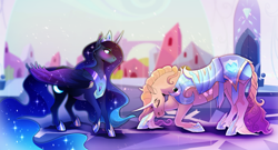 Size: 3643x1960 | Tagged: safe, artist:burgerpaws, princess amore, princess luna, alicorn, pony, unicorn, g4, armor, bat wings, blue mane, blushing, crown, crystal empire, ear fluff, ethereal mane, eyes closed, female, flowing mane, flowing tail, hoof shoes, horn, jewelry, regalia, smiling, snow, sparkles, starry mane, sunlight, wings