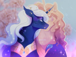 Size: 1280x955 | Tagged: safe, artist:burgerpaws, princess amore, princess luna, alicorn, pony, unicorn, g4, bat wings, collar, colored pupils, curly mane, doodle, ear fluff, ethereal mane, eyelashes, eyes closed, fangs, female, flowing mane, horn, smiling, snow, sparkles, starry mane, stars, tree, wings