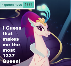 Size: 619x573 | Tagged: safe, edit, edited screencap, screencap, queen novo, seapony (g4), derpibooru, g4, my little pony: the movie, 1337, bubble, caption, collar, crown, eyeshadow, female, fin wings, fins, jewelry, lidded eyes, looking at you, makeup, meta, ocean, purple eyes, regalia, seaquestria, smiling, smiling at you, solo, tags, text, throne, throne room, underwater, water, wings
