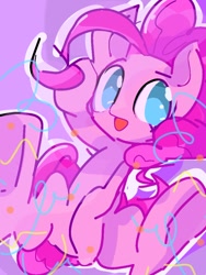 Size: 768x1024 | Tagged: safe, artist:pnpn_721, pinkie pie, earth pony, pony, g4, cute, open mouth, simple background, sitting, solo, streamers, wingding eyes