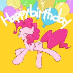 Size: 768x768 | Tagged: safe, artist:rari85beauty2, pinkie pie, earth pony, pony, g4, balloon, cute, diapinkes, female, floating, happy, happy birthday, one eye closed, party balloon, simple background, solo, then watch her balloons lift her up to the sky, wink