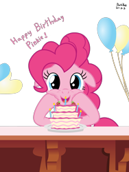 Size: 2400x3200 | Tagged: safe, artist:dashyoshi, pinkie pie, earth pony, pony, g4, balloon, birthday, birthday cake, cake, candle, floppy ears, food, high res, looking at you, open mouth, simple background, solo, strawberry, transparent background