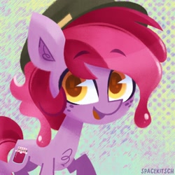 Size: 2000x2000 | Tagged: safe, artist:spacekitsch, part of a set, oc, oc only, oc:jelly, earth pony, pony, bust, cutie mark, eyebrows, fluffy, food, freckles, hat, high res, jelly, looking at you, male, simple background