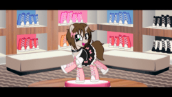 Size: 1280x720 | Tagged: safe, artist:nxzc88, oc, oc:ryleigh, pony, unicorn, animated, body control, bondage, bow, clothes, collar, converse, dress, eyes closed, forced smile, gif, gritted teeth, hair bow, magical bondage, open mouth, open smile, platform, raised hooves, shoes, smiling, standing on two hooves, struggling, transfixed, trapped, wide eyes