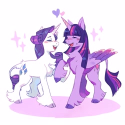 Size: 3000x3000 | Tagged: safe, artist:frogbians, rarity, twilight sparkle, alicorn, classical unicorn, pony, unicorn, g4, blushing, chest fluff, cloven hooves, colored hooves, eyes closed, female, high res, holding hooves, horn, leonine tail, lesbian, mare, open mouth, open smile, ship:rarilight, shipping, smiling, sweat, sweatdrop, twilight sparkle (alicorn), unshorn fetlocks