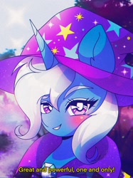 Size: 2048x2732 | Tagged: safe, artist:pierogarts, trixie, pony, unicorn, g4, 90s anime, bust, clothes, female, hat, high res, looking at you, mare, portrait, smug, solo, trixie's hat