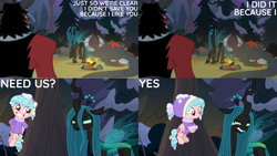 Size: 1280x720 | Tagged: safe, edit, edited screencap, editor:quoterific, screencap, cozy glow, lord tirek, queen chrysalis, centaur, changeling, changeling queen, pegasus, pony, taur, frenemies (episode), g4, season 9, campfire, cozybetes, cute, eyes closed, female, filly, grin, legion of doom, male, open mouth, smiling, tsundalis, tsundere