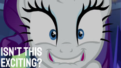 Size: 1280x720 | Tagged: safe, edit, edited screencap, editor:quoterific, screencap, rarity, pony, unicorn, g4, made in manehattan, season 5, close-up, female, grin, lip bite, looking at you, mare, smiling, solo, wide eyes
