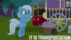 Size: 1280x720 | Tagged: safe, edit, edited screencap, editor:quoterific, screencap, trixie, pony, unicorn, g4, road to friendship, belly, bipedal, cart, cute, diatrixes, female, grin, mare, smiling, solo