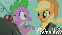 Size: 1280x720 | Tagged: safe, edit, edited screencap, editor:quoterific, screencap, applejack, spike, dragon, earth pony, pony, a dog and pony show, g4, season 1, applejack's hat, cowboy hat, duo, female, hat, kissy face, male, mare, open mouth, smiling, stallion