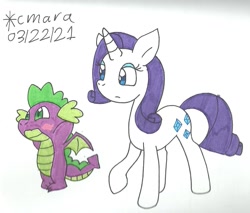 Size: 1207x1026 | Tagged: safe, artist:cmara, rarity, spike, dragon, pony, unicorn, g4, blushing, eyeshadow, female, makeup, male, mare, raised hoof, ship:sparity, shipping, simple background, straight, traditional art, white background, winged spike, wings