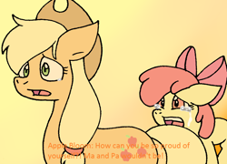 Size: 1004x722 | Tagged: safe, artist:cmara, apple bloom, applejack, earth pony, pony, g4, apple bloom's bow, applejack's hat, argument, bow, cowboy hat, crying, female, fight, filly, gradient background, hair bow, hat, mare, open mouth, sad, siblings, simple background, sisters, yellow background
