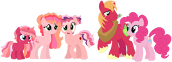 Size: 1280x467 | Tagged: safe, artist:camomiie, artist:selenaede, big macintosh, pinkie pie, oc, oc:flemish beauty, oc:harvest queen, oc:pristine party punch, earth pony, pony, unicorn, g4, base used, family, female, filly, freckles, male, mare, offspring, parent:big macintosh, parent:pinkie pie, parents:pinkiemac, pinkiemac, shipping, simple background, stallion, straight, transparent background