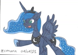 Size: 1461x1048 | Tagged: safe, artist:cmara, princess luna, alicorn, pony, g4, crown, eyeshadow, female, hoof shoes, jewelry, makeup, mare, open mouth, raised hoof, regalia, simple background, solo, traditional art, white background